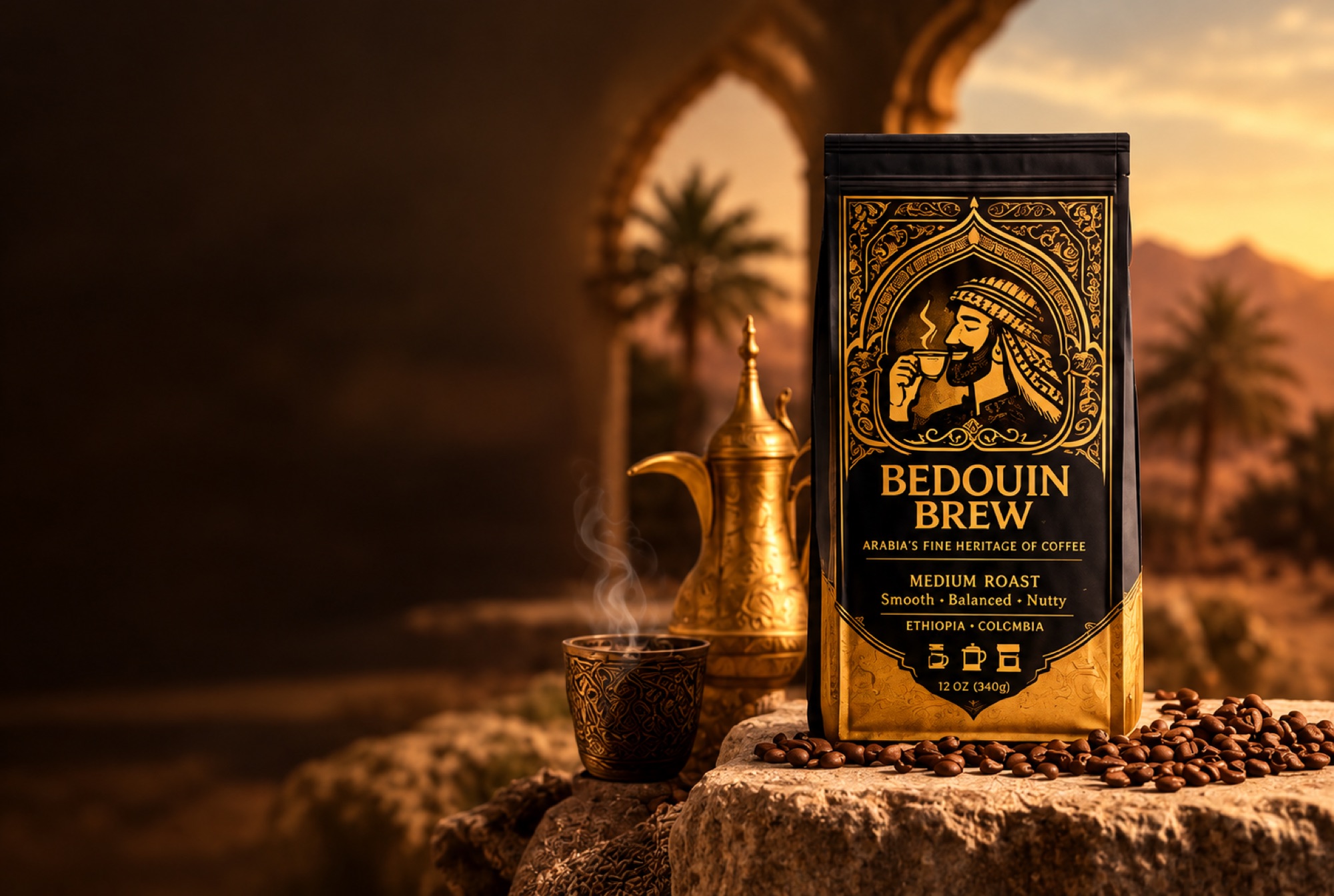 Bedouin Brew coffee bag beside a golden dallah at sunset