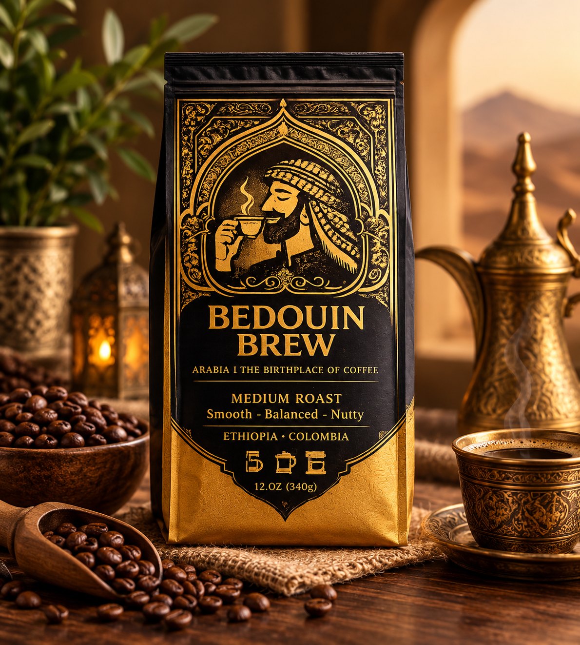 Bedouin Brew bag with a dallah and lanterns