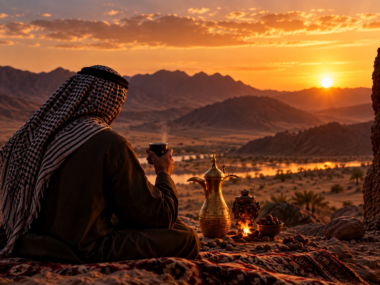 A Bedouin man with coffee and a golden dallah watching the desert sunset